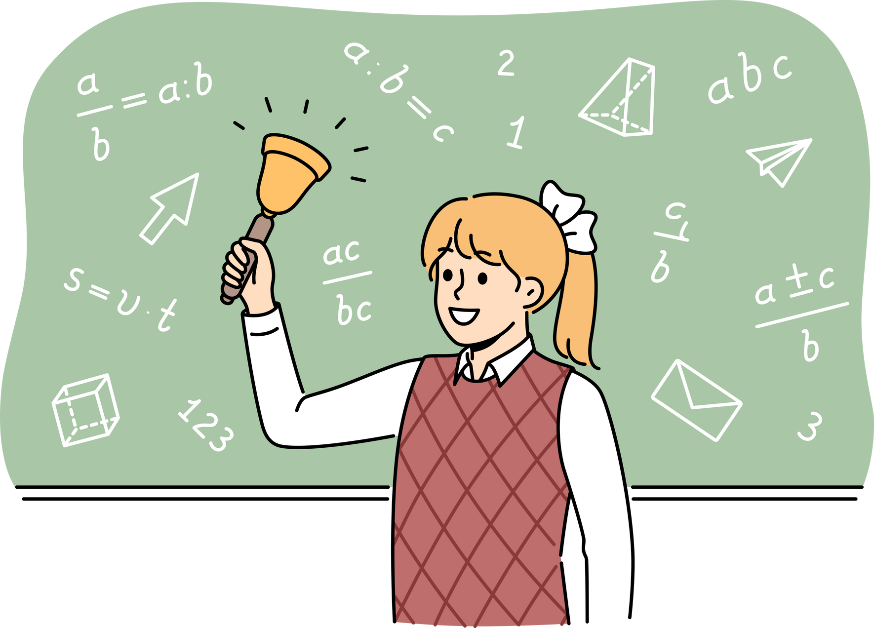 Girl elementary school student with bell stands near chalkboard with mathematical formulas